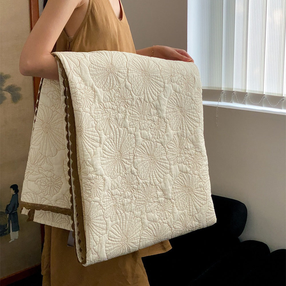 Bestickte Baumwoll-Quilt-Bettüberwurf-Set mit gewelltem Saum