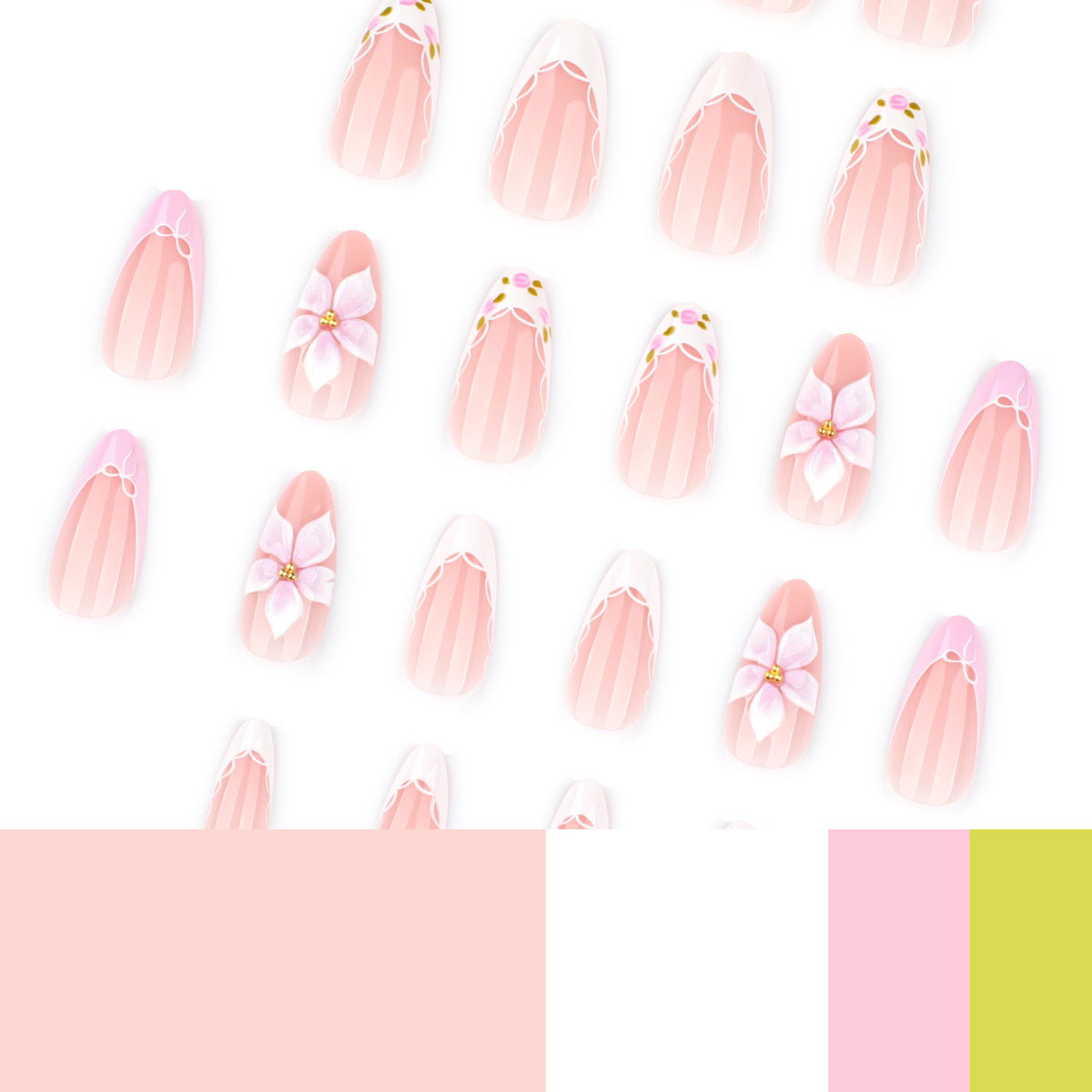 Kunstvolle Nagelverlängerungen mit zartem Blumenmuster und eleganten Akzenten Brehn