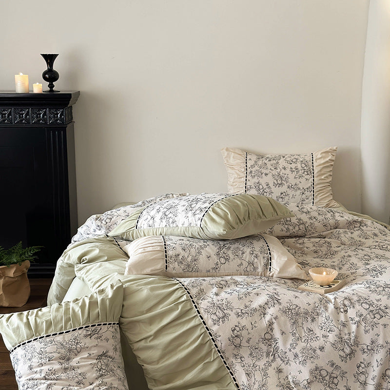 Floral Baumwolle-Leinen Wendebettbezug Set mit Rüsche, Kontrastpaspel und dekorativen Schleifen-Kissenbezügen