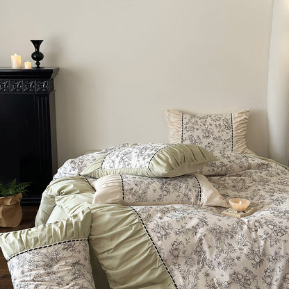Floral Baumwolle-Leinen Wendebettbezug Set mit Rüsche, Kontrastpaspel und dekorativen Schleifen-Kissenbezügen