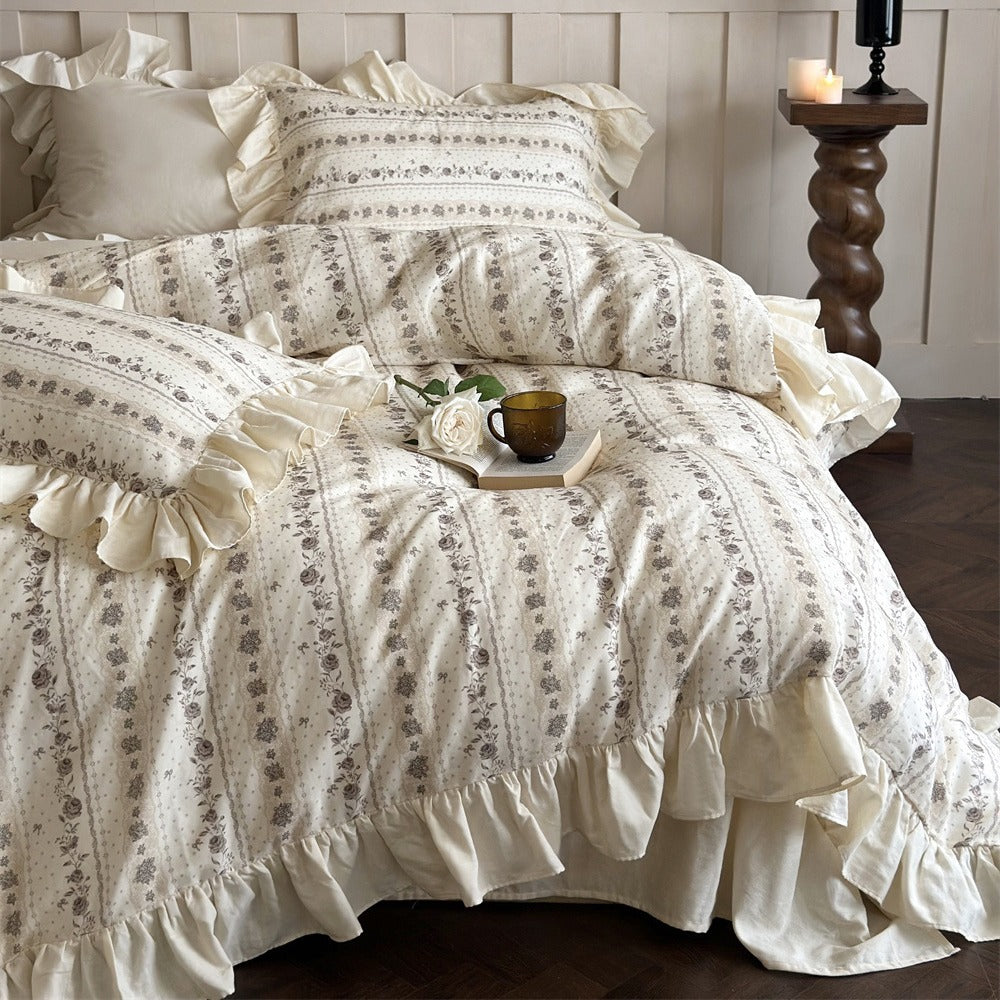 Rüsch Blumen Baumwoll-Mischung Bettbezug Set mit Rüschenkissenbezügen