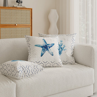 Decorative Coastal Shell Print Square Throw Pillow Cover with Textured Woven Fabric