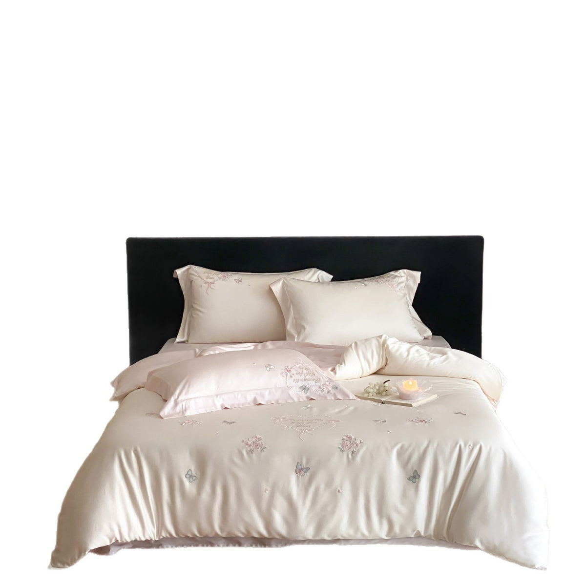 Luxuriöses besticktes Baumwollsatin-Bettwäsche-Set mit zarten Schmetterlings- und Blumenapplikationen