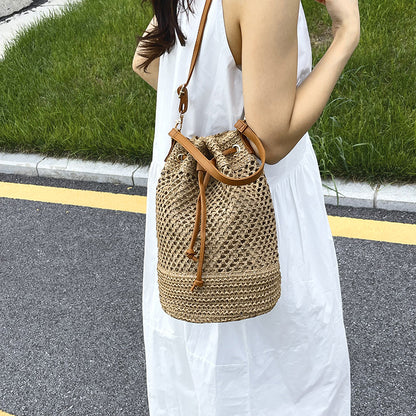 Woven Drawstring Bucket Bag