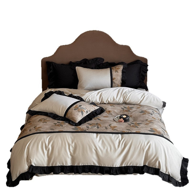 Premium Bettwäsche-Set aus feinem Satin mit botanischem Jacquard und dekorativem Volant Brehn