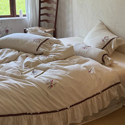 Cottage-Style Gewaschenes Leinen Bestickte Bettbezug Set mit Rüschensaum & Nackenrolle