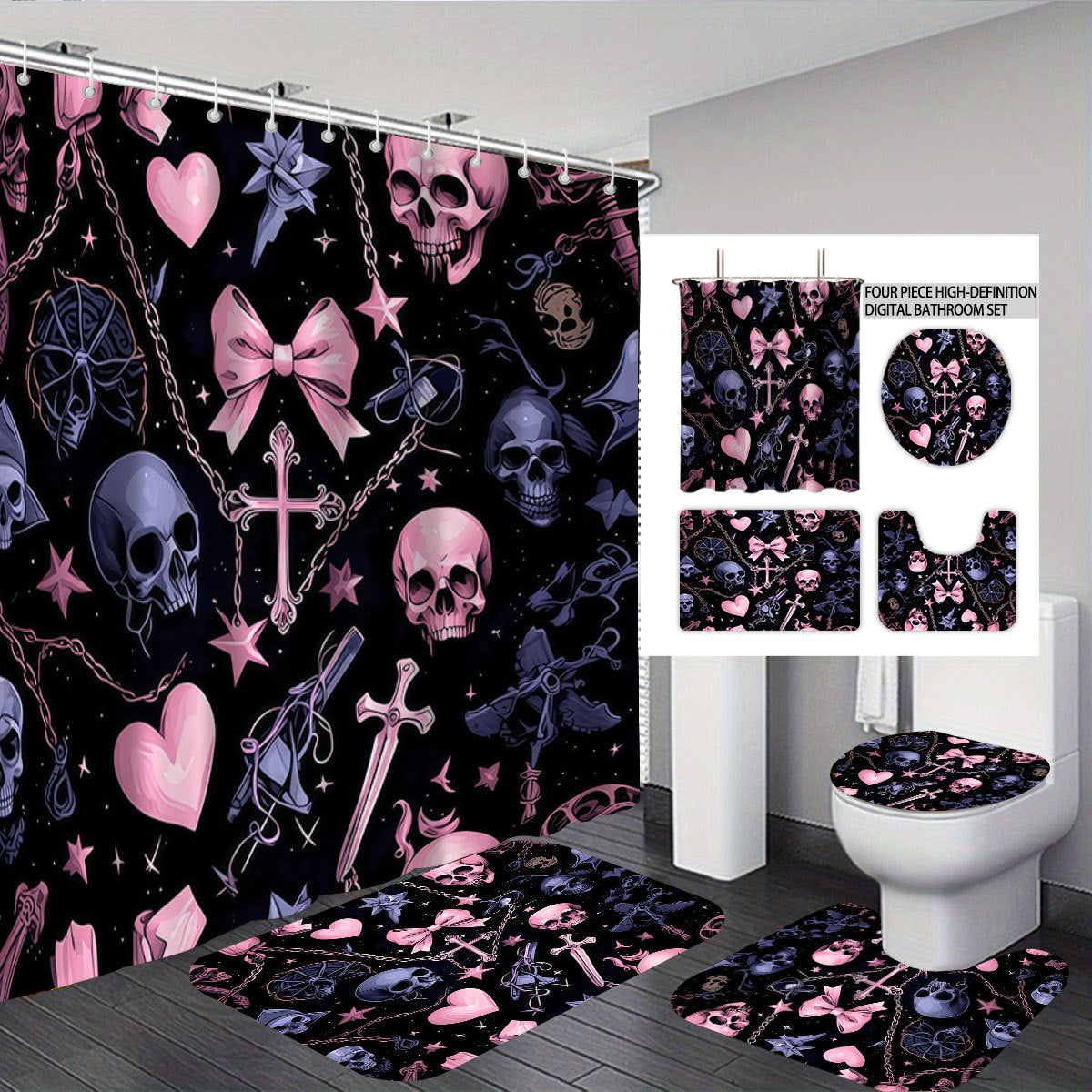 Künstlerisches Skull- und Blumenmotiv Badezimmer-Set Brehn