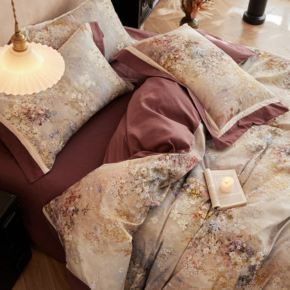 Luxuriöses florales Satin-Bettbezug-Set mit pipiertem Rand