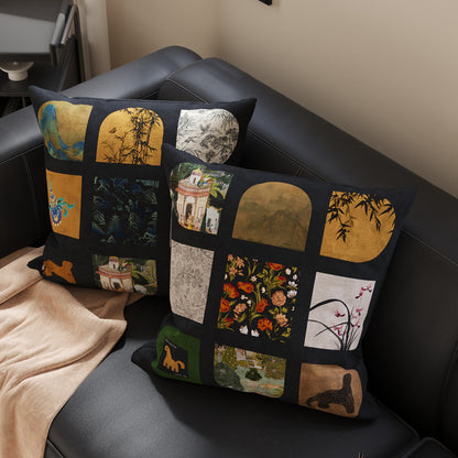 Decorative Patchwork Velvet Throw Pillow Cover with Asian-Inspired Scenic Panels and Metallic Gold Accents