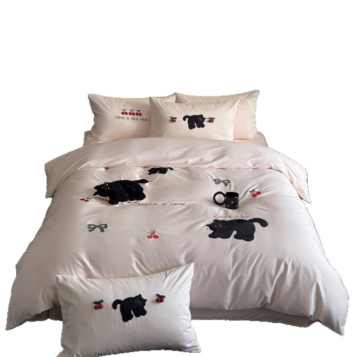 Baumwollsatin Bettbezug und Kissenbezug Set mit gestickten verspielten Katzen- und Kirschmotiven