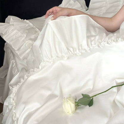 Rüschenschicht Baumwollsatin Bettbezug Set mit dekorativen Kissenbezügen