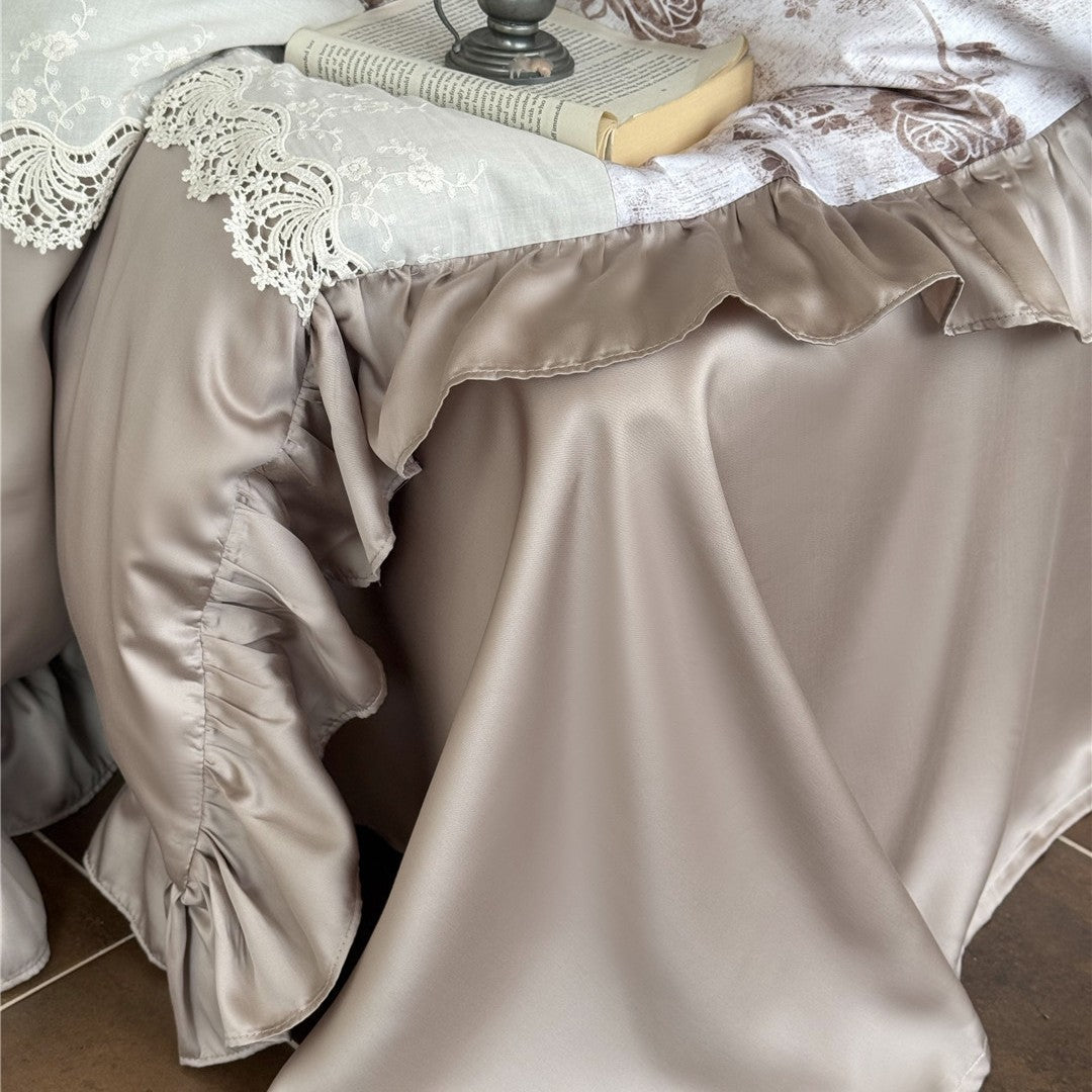 Viktorianisch inspirierte Rüschenspitze Baumwollsatin Bettbezug Ensemble
