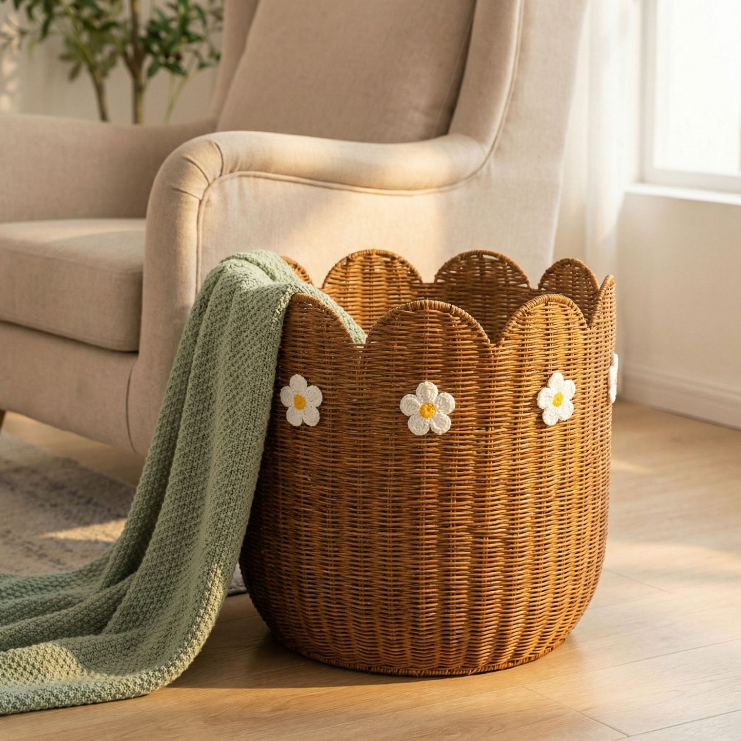 Rattankorb mit Blütenmotiv Brehn