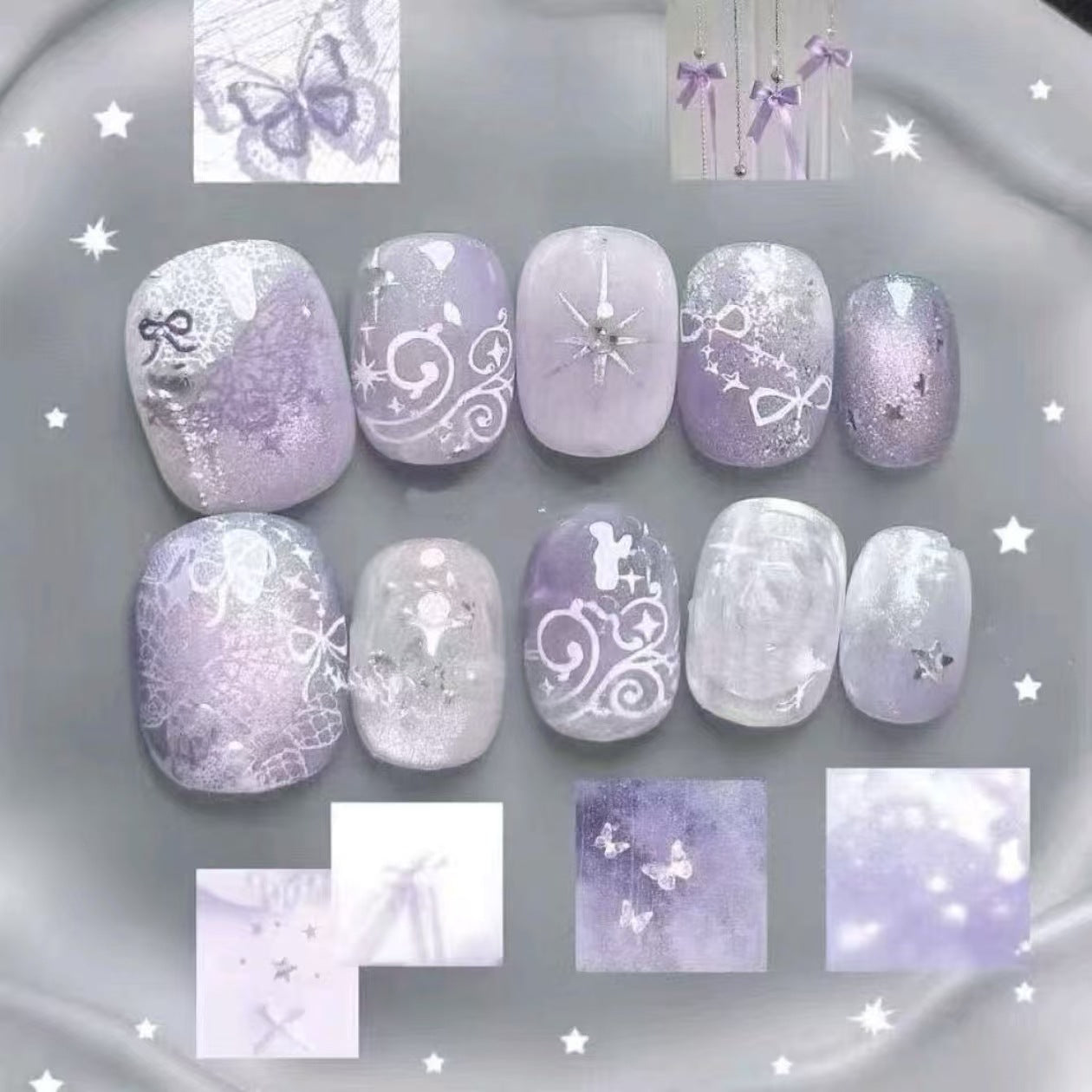 Elegantes Press-On-Nagelkunst-Set mit Schleife und Punkten Brehn