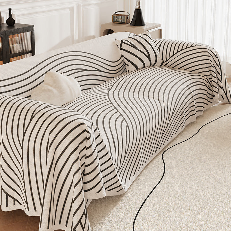 Contour-Fit Jacquard Sofa Throw Cover with Wave Stripe Drape