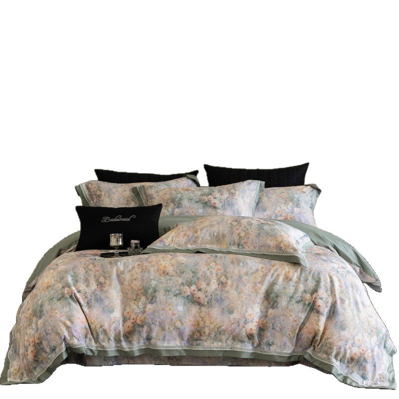 Botanisches Aquarell Baumwollsatin Bettbezug Set mit Spitzenkante und passenden Kissenbezügen
