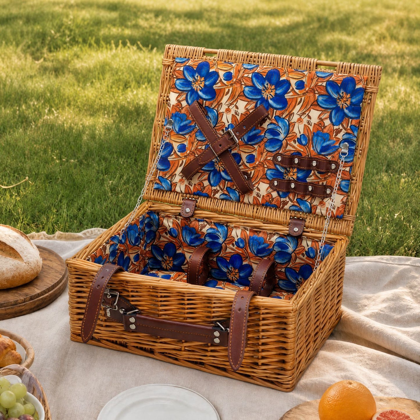 Damen Luxus Picknickkorb mit versetztem Geschirrfach und floralem Innenfutter Brehn