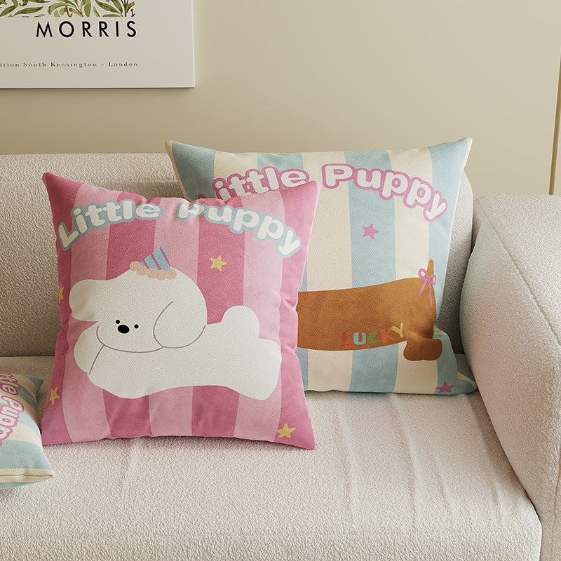 Square Decorative Throw Pillow Cover with Cute Cartoon Cat Illustration and Vertical Pink Stripe Linen-Blend