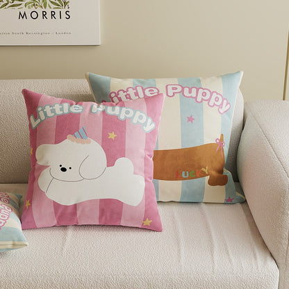 Square Decorative Throw Pillow Cover with Cute Cartoon Cat Illustration and Vertical Pink Stripe Linen-Blend