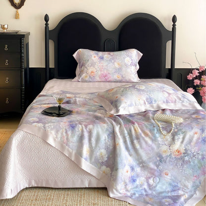Luxuriöses Satin-Bettwäsche-Set mit Aquarellblumenprint und Satinbordüre