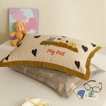 Kinder- und Jugend-Kissenbezug-Set mit niedlichem Haustiermotiv, Herz-Print und Knopfverschluss