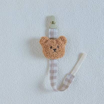Vichykaro Baumwollberuhigungssauger- und Beißringclip mit gesticktem Bärenapplikation
