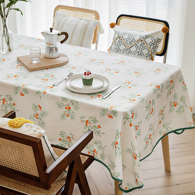 Rechteckige Esstischdecke mit botanischem Orangenbeeren-Print und kontrastierter Saum-Paspel Brehn