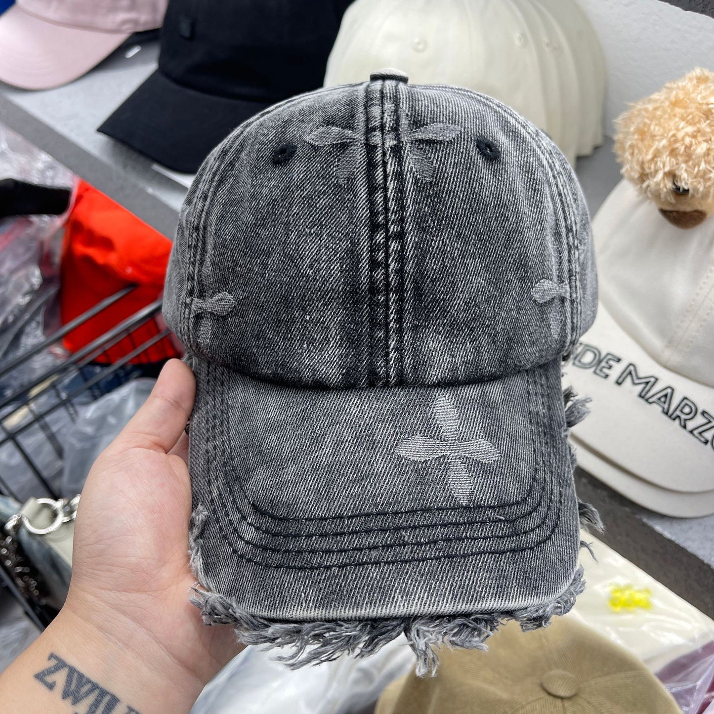 Damen Gealterte Denim Fransen Baseball Cap Brehn