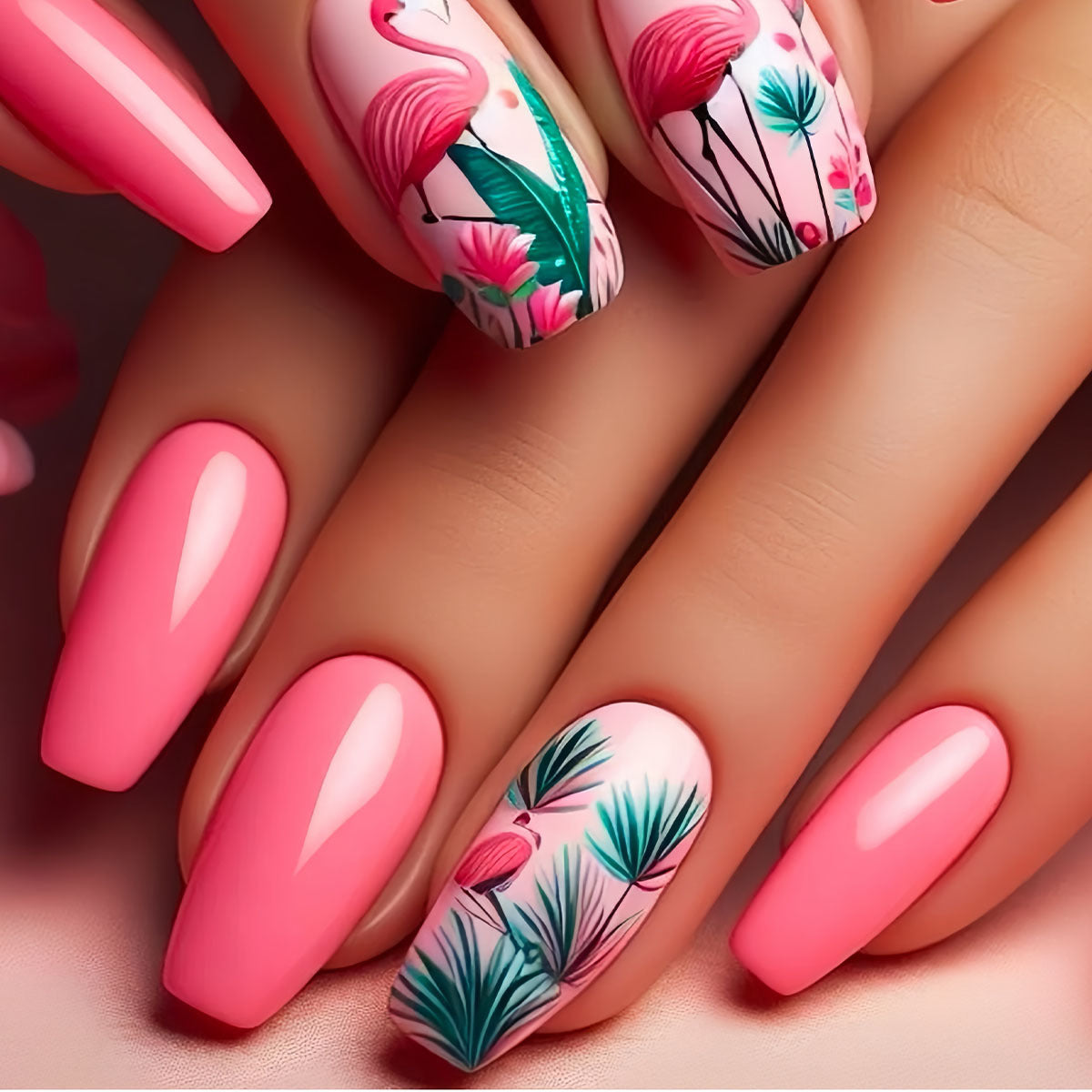Floral Flamingo Druck-On-Nagelverlängerungen Brehn