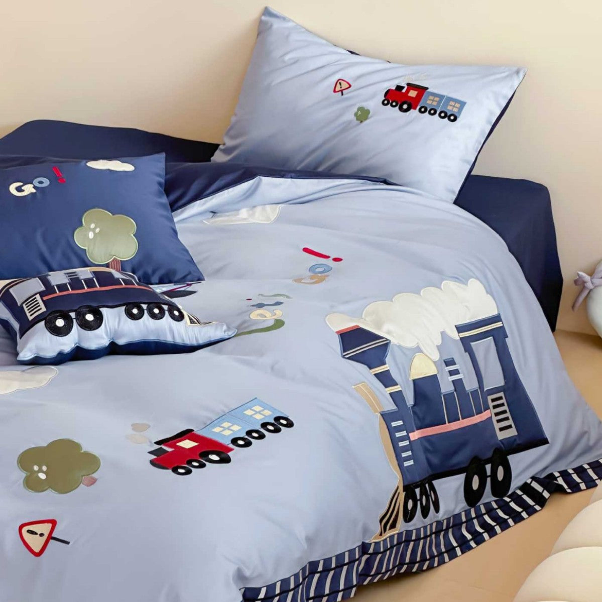 Kinder Zug Applikation Baumwolle Bettbezug und Kissenbezug Bettwäsche Set