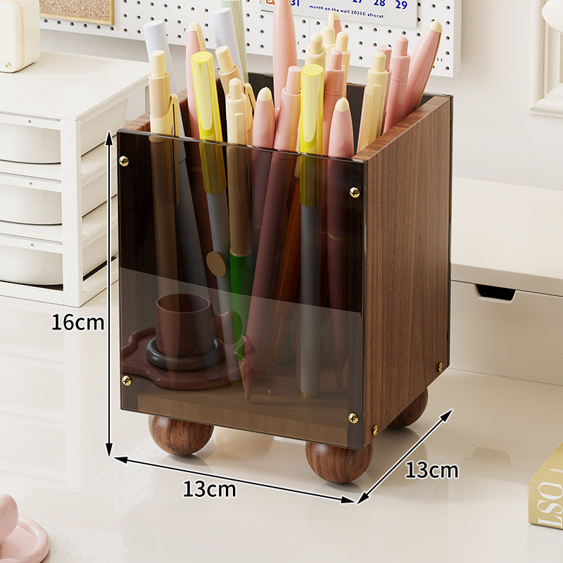 Holz Desktop Stift- und Schreibwarenorganizer mit rauchigem Acrylpaneel und abgerundeten Füßen