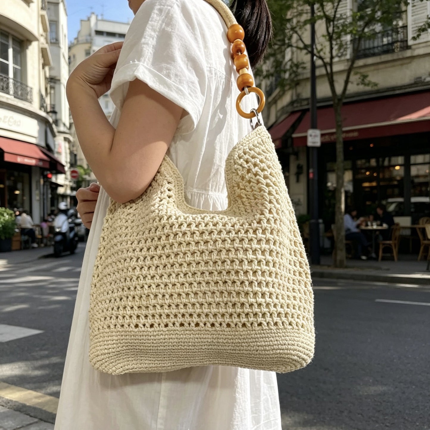 Handgeknüpfte Makramee-Tasche mit Holzgriffen Brehn