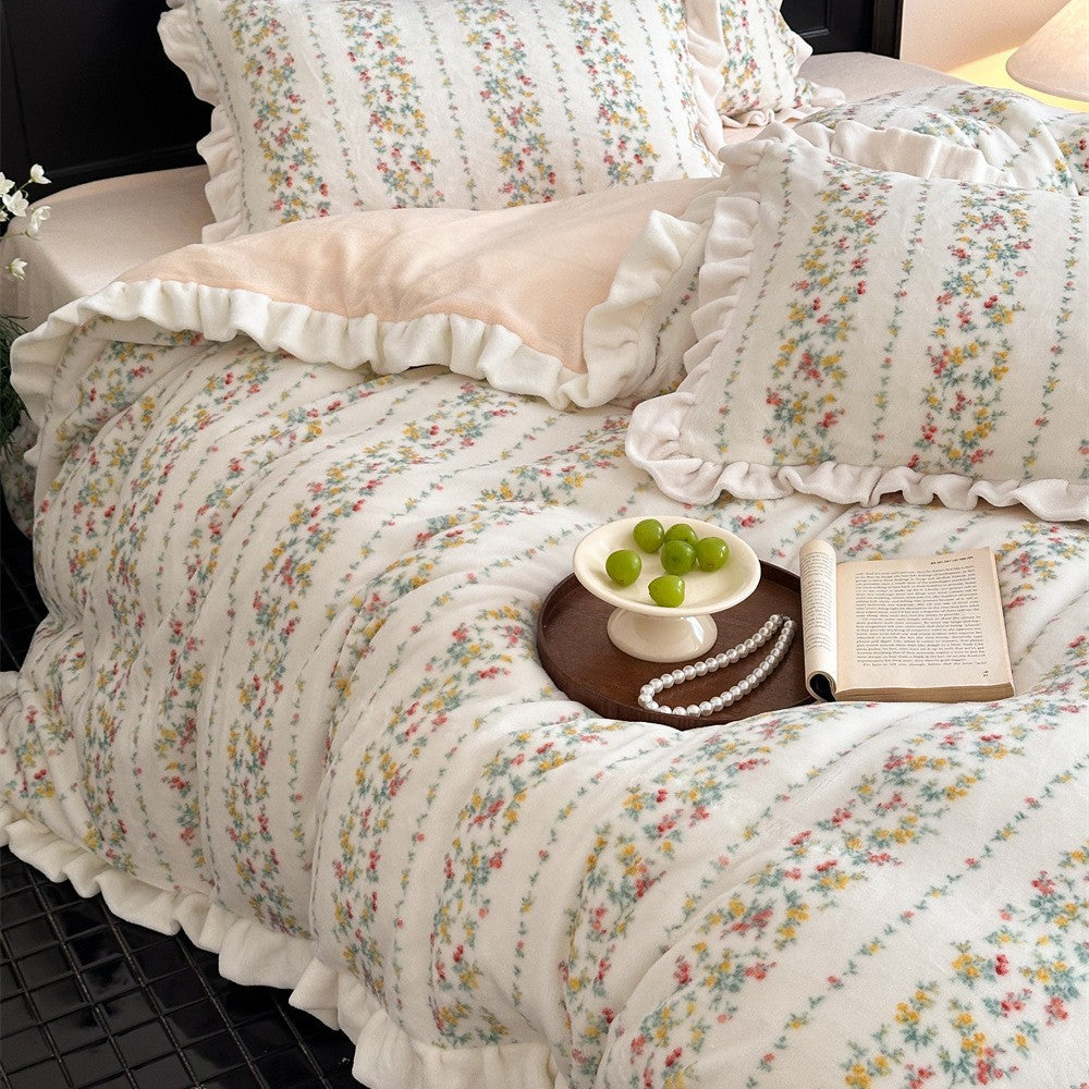 Blumen Rüsch Baumwoll-Look Bettwäsche Set mit dekorativen Kissenbezügen