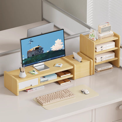 Massivholz-Monitorständer und Schreibtischorganizer mit zweistufigem Regal und Kabelmanagement