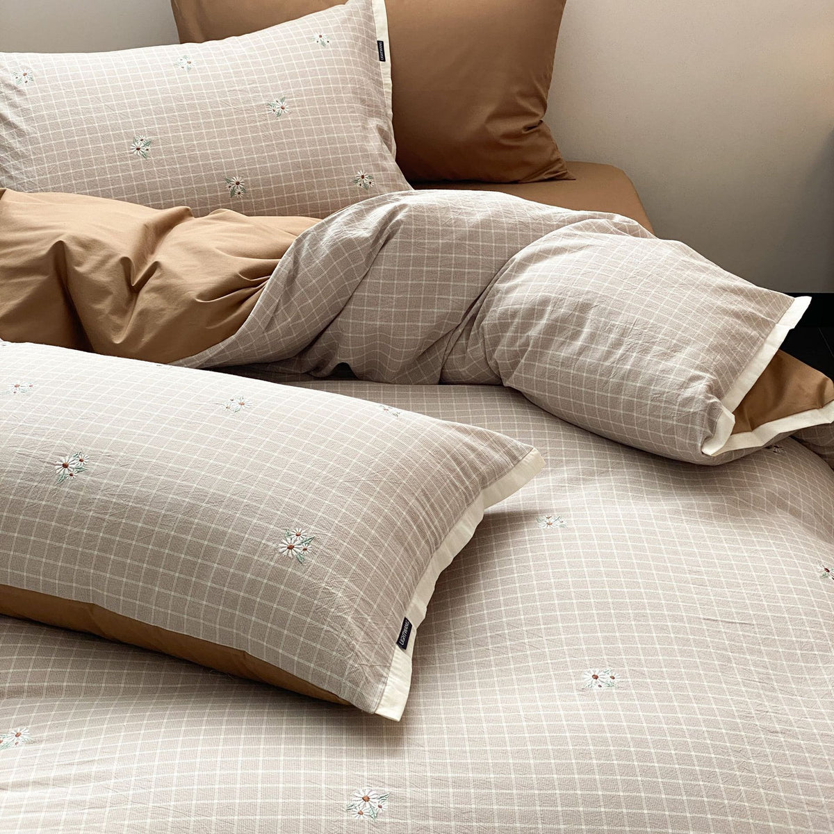 Luxus Baumwollsatin Bettbezug Set mit Karo-Stickerei