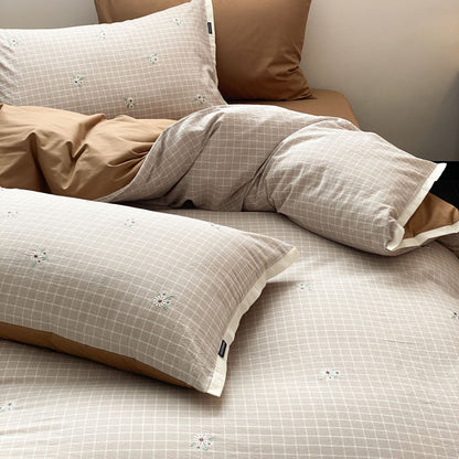 Luxus Baumwollsatin Bettbezug Set mit Karo-Stickerei