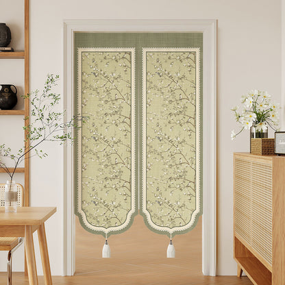Split-Panel Decorative Door Noren Curtain with Tropical Botanical Print and Tassel Trim