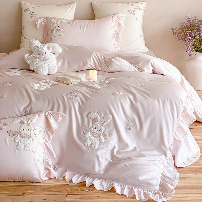 Bestickte Satin-Rüscheneinzelbettdeckenbezug-Set mit Bunny-Applikation