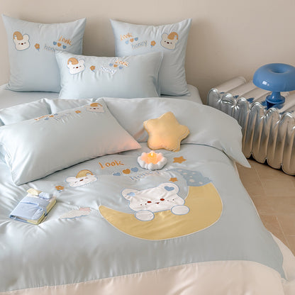 Kinder-Bettwäsche-Set aus Baumwollsatin mit applizierter Mond- und Bärenapplikation, gesteppter Bettdecke Brehn