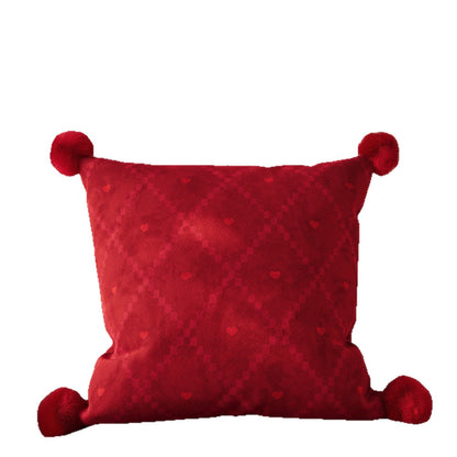 Luxurious Velvet Pom-Pom Throw Pillow with Jacquard Heart Pattern