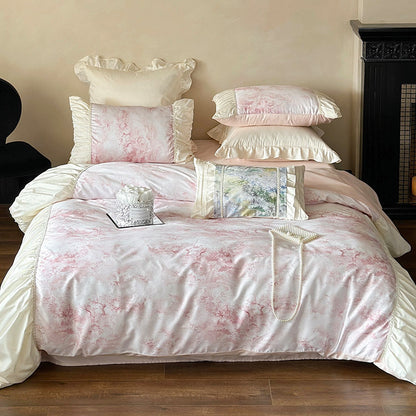 Luxuriöses Satin-Bettwäsche-Set mit Rüschen und Aquarellblumenmuster