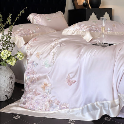 Seidiger Satin bestickter Schmetterling Bettbezug & Kissenbezug Set