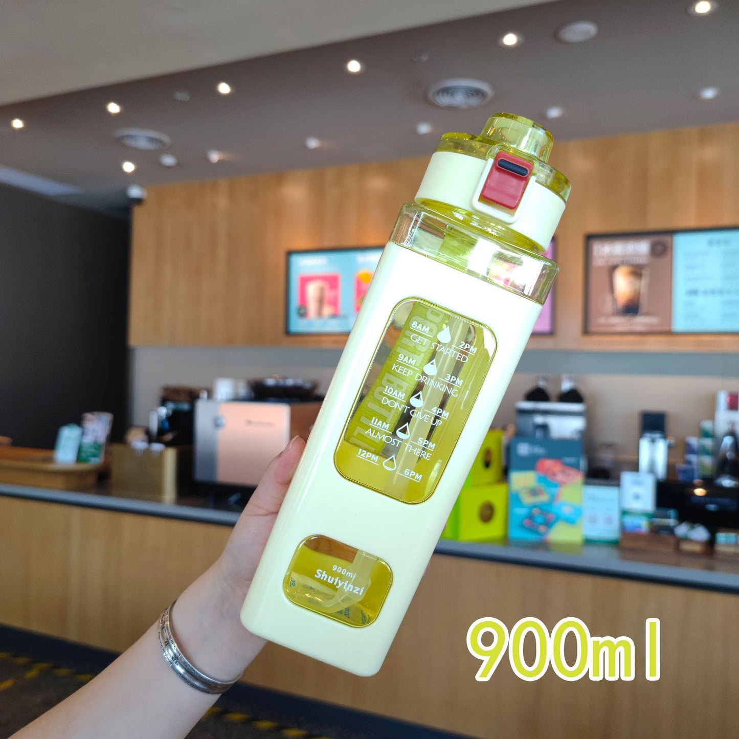 Damen Trinkflasche mit integrierter Zeitmarkierung und Strohhalm Brehn