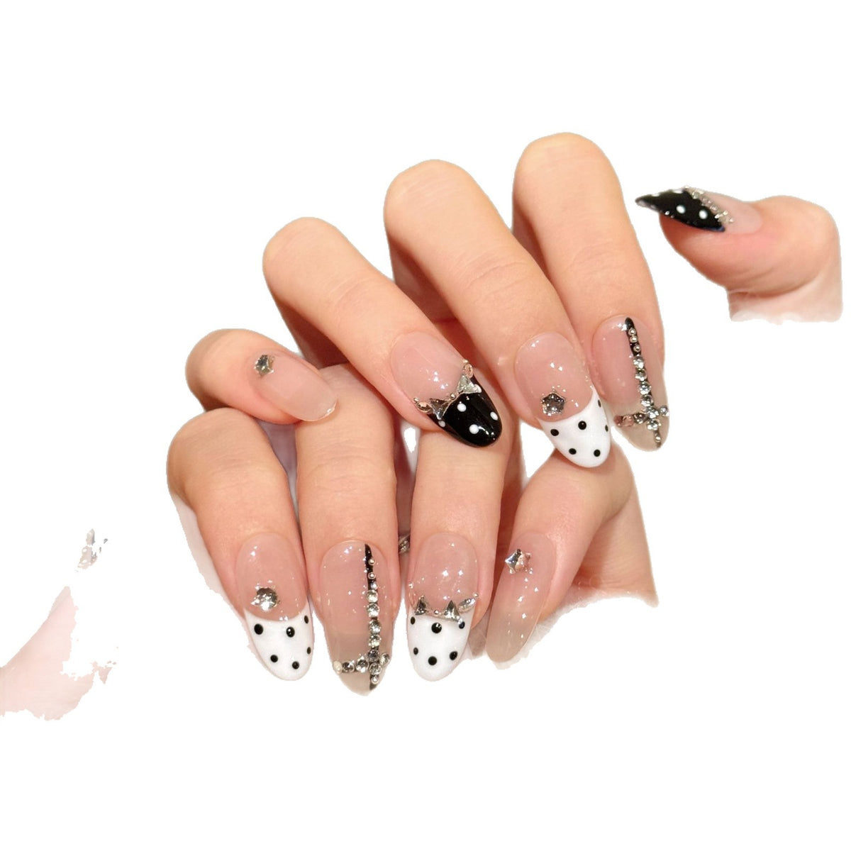 Dekorativer Press-On-Nagelset mit Strass und Punktdesign