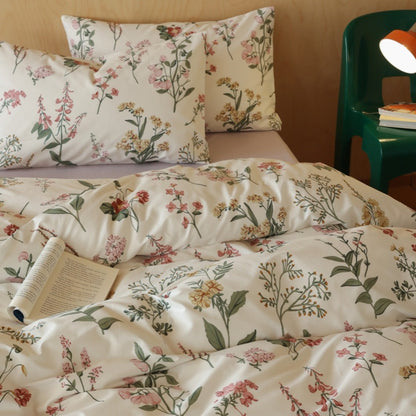 Baumwollsatin Bettwäsche-Set mit feinem Karomuster und floralen Motiven