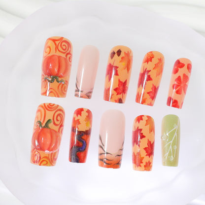 Kunstnagelset mit herbstlichen Motiven und kreativen 3D-Elementen Brehn