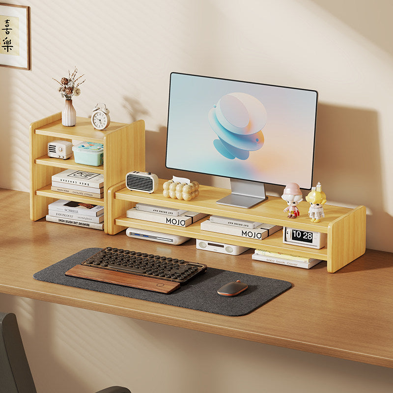 Massivholz-Monitorständer und Schreibtischorganizer mit zweistufigem Regal und Kabelmanagement