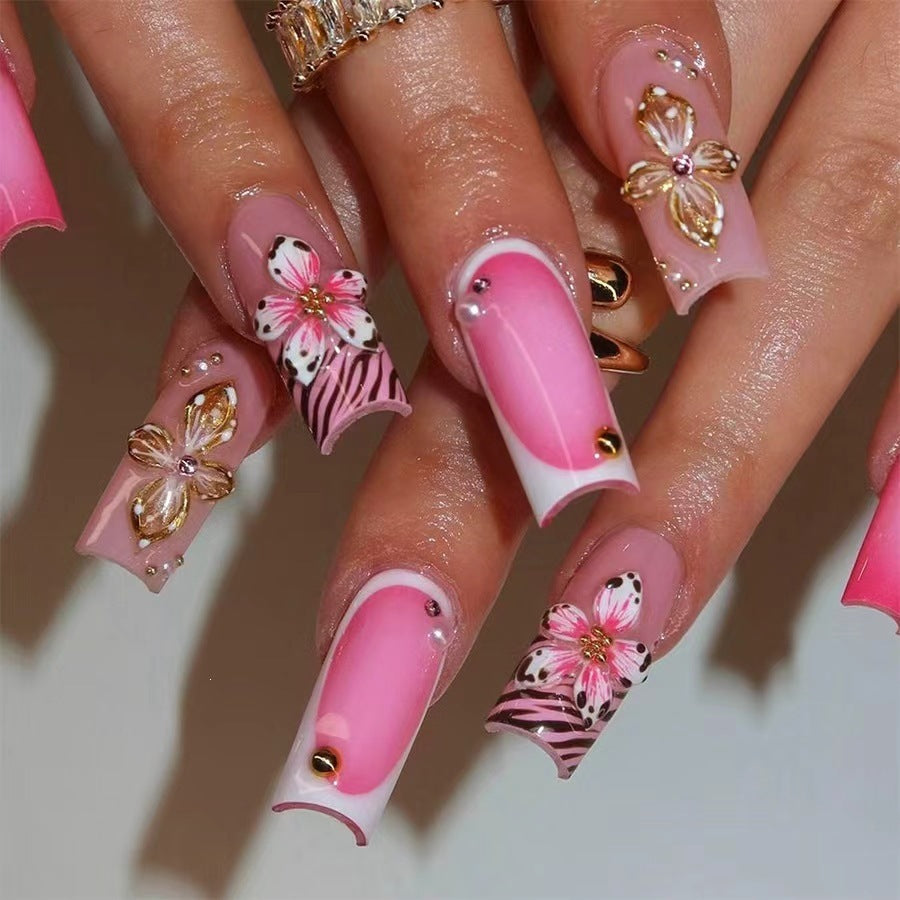 Künstlerische Blumen- und Zebra-Print Press-On Nägel Brehn