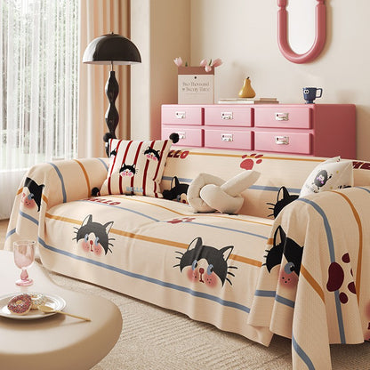 Decorative Stretch-Fit Cat-Print Reversible Sofa Slipcover with Elasticized Skirt