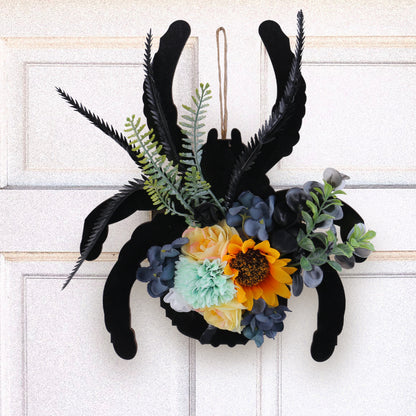 Hängende Halloween-Spinnen-Wanddekoration aus Holz mit kunstlichen Blumen